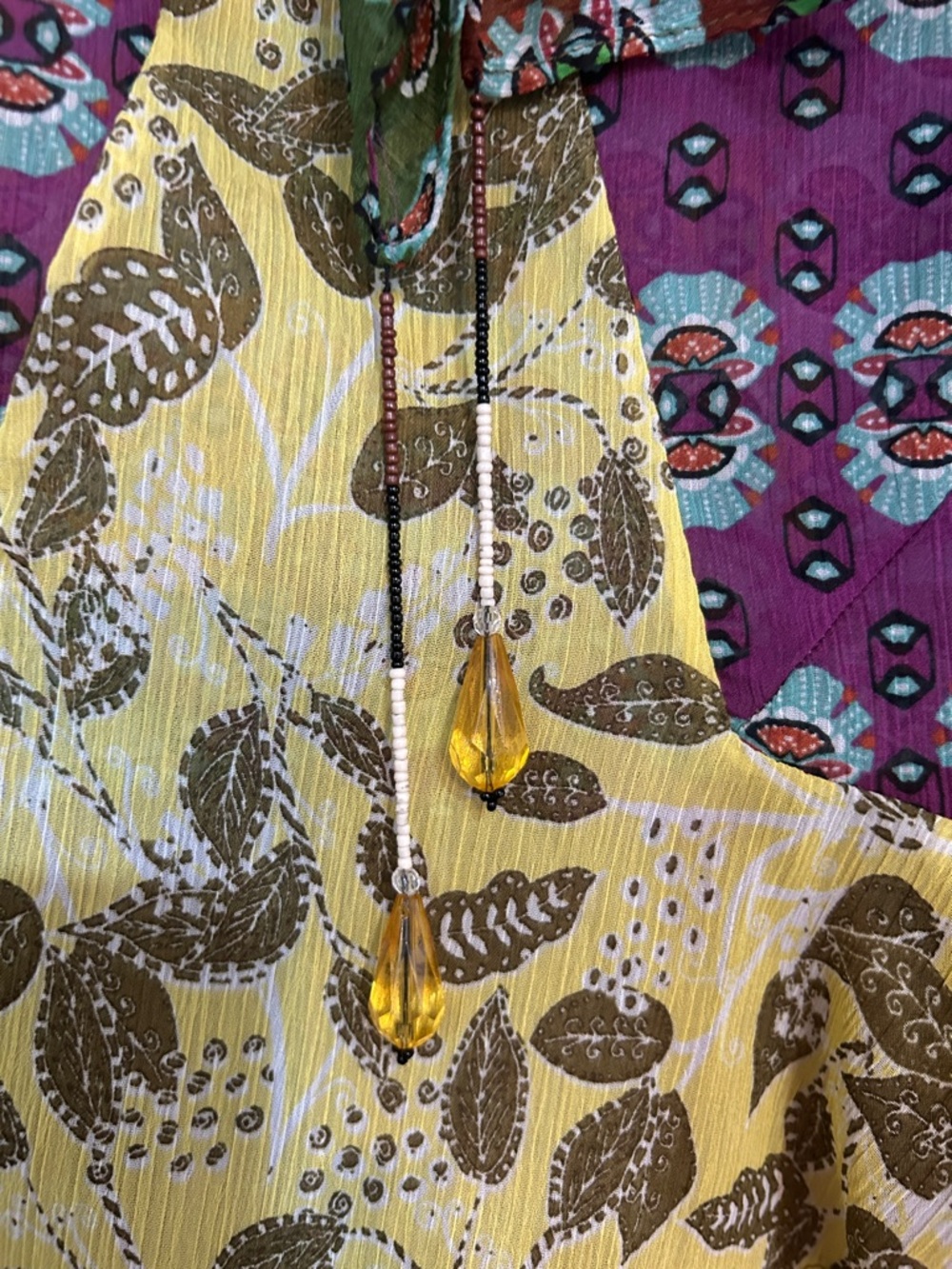 Zara Purple, Green, Brown & Yellow Printed Tie-Neck Blouse - Picture 4 of 10